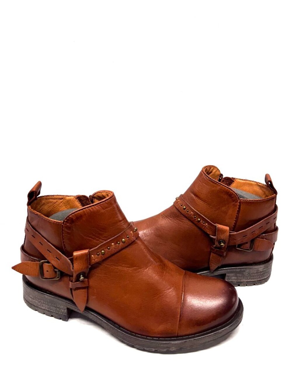 MIZ MOOZ LEATHER BUCKLE BOOTIE SIDE ZIP BRANDY 37EU / 7US NEW B 66